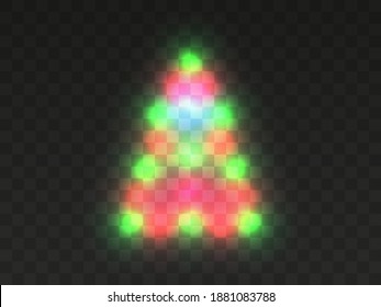 Christmas tree light on a transparent background. Transparent lights in Christmas colors in the shape of a Christmas tree.  Vector illustration