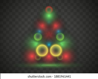 Christmas tree light on a transparent background. Transparent lights in Christmas colors in the shape of a Christmas tree. Vector illustration
