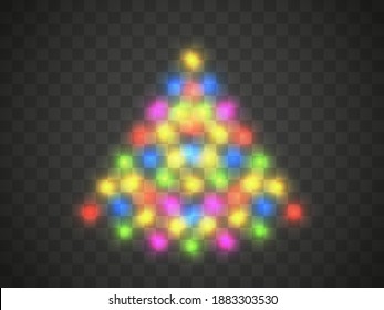 Christmas tree light on a transparent background. Transparent lights in Christmas colors in the shape of a Christmas tree. Vector illustration