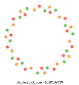 Christmas tree light string garland frame and text space isolated on dark background. Vector illustration of realistic New Year party decoration with transparency. Light bulb decor. Lights border.