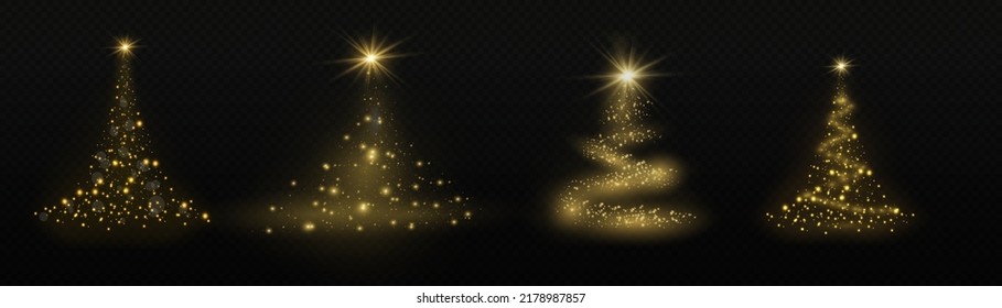 Christmas tree from light vector background. On a transparent background. Golden Christmas tree as a symbol of a happy New Year, a merry Christmas holiday. Golden light decoration. Bright shiny