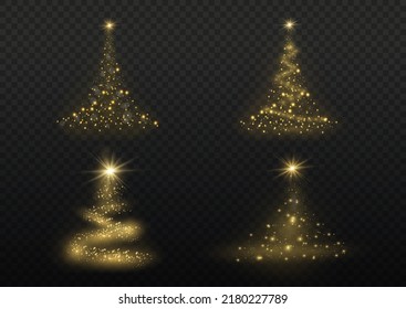 Christmas tree from light vector background. On a transparent background. Golden Christmas tree as a symbol of a happy New Year, a merry Christmas holiday. Golden light decoration. Bright shiny