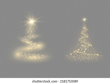 Christmas tree from light vector background. On a transparent background. Golden Christmas tree as a symbol of a happy New Year, a merry Christmas holiday. Golden light decoration. Bright shiny