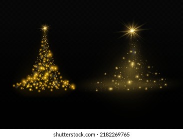 Christmas tree from light vector background. On a transparent background. Golden Christmas tree as a symbol of a happy New Year, a merry Christmas holiday. Golden light decoration. Bright shiny