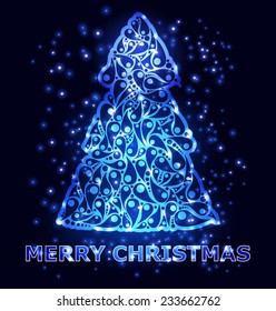 Christmas tree from light vector background. Paper card