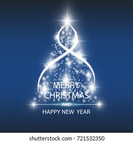 Christmas tree from light vector background. Greeting card or invitation. Merry Christmas and New Year 2018 typographical on holidays background