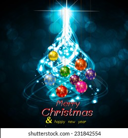 Christmas tree from light vector blue background, Christmas balls. 