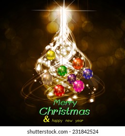Christmas tree from light vector brown background, Christmas balls. 
