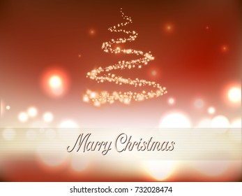 Christmas tree from light vector effect on red background.