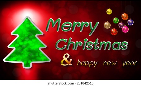 Christmas tree from light vector red background, Christmas balls. 