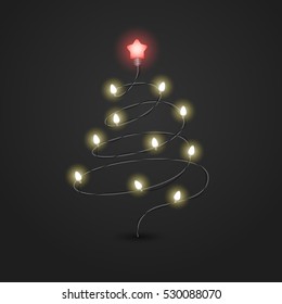 Christmas tree with lighting garland vector illustration. Christmas color garland. Christmas Greeting card vector template. Abstract christmas tree with lightbulbs