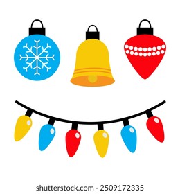 Christmas tree lights ball ring bell toy set. Different shape, color. Lightbulb glowing garland line. Colorful string fairy light. Cartoon xmas decoration. White background. Flat design. Vector