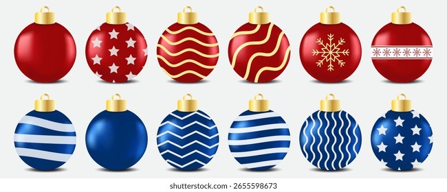 Árbol de Navidad con luces y bolas de Navidad con patrón de copos de nieve y en el fondo aislado blanco para la decoración del ornamento de la temporada de vacaciones, bola de cristal realista de la Navidad en azul, verde, oro, rojo.