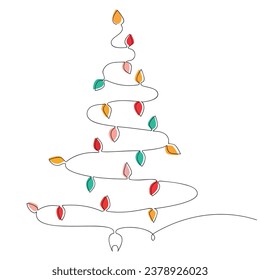 Christmas tree with lights. Continuous one line drawing. Vector illustration