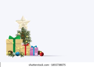 Christmas tree with lights decorated beautifully with pine cone and gift with star shape on top isolated on white background. Vector (mesh tool) 3D rendering.