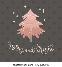 Christmas tree with Christmas lights. Merry and Bright hand lettering. Vector illustration