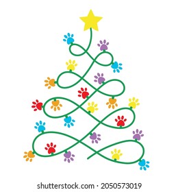 Christmas tree with christmas lights. Merry  Christmas. Paws prints dog. Love dogs. Vector illustration. Isolated on white background.