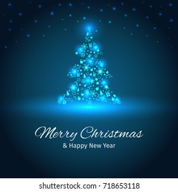 Christmas tree with lights, Christmas and New Year greeting card, vector illustration with well organized layers