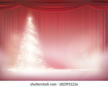 Christmas tree with lights on a background of red curtain. Vector new year illustration with copy space.