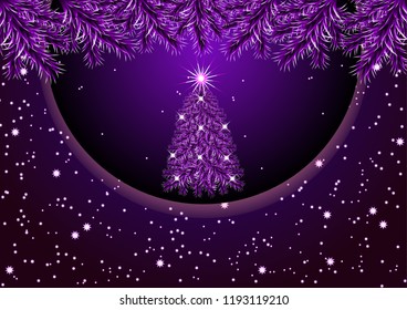 Christmas tree with lights on a dark background, brilliant light. Night Christmas sky, bright stars, snow. Vector illustration.