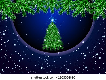 Christmas tree with lights on a dark background, brilliant light. Night Christmas sky, bright stars, snow. Vector illustration.