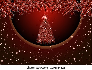 Christmas tree with lights on a dark background, brilliant light. Night Christmas sky, bright stars, snow. Vector illustration.