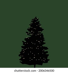 Christmas tree with lights on it on dark green background