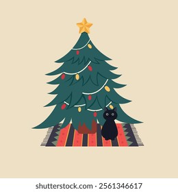 Christmas tree with lights and ornaments and  cat standing on the carpet. Vector illustration cartoon flat style.