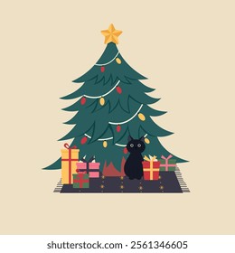 Christmas tree with lights and ornaments and gifts,presents and cat standing on the carpet composition. Vector illustration cartoon flat style.