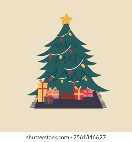 Christmas tree with lights and ornaments and gifts,presents standing on the floor on the carpet. Vector illustration cartoon flat style.