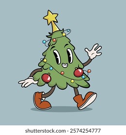 Christmas tree with lights and ornaments. Retro groovy Christmas character mascot, 70s 80s vibe. Vector illustration.