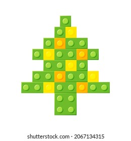 Christmas tree with lights plastic block. Constructor details. Vector festive illustration.