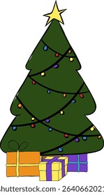 Christmas tree with lights and present boxes composition isolated. Vector graphic line ink illustration. Perfect for cards, decorations, stickers, logo, menu, various designs.
