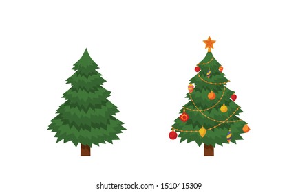 Christmas tree with lights and presents. Fir tree before and after decoration. Colorful cartoon noel holiday vector illustration.