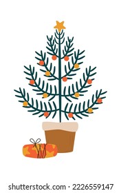 Christmas tree with lights and presents flat icon Interior
