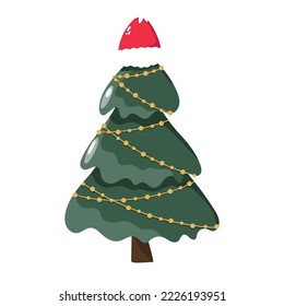 Christmas tree with lights in a Santa hat in a cartoon style. Vector illustration.