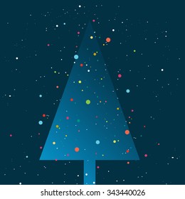 Christmas tree lights. Snow flakes falling in the night. Simply flat design.