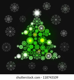 christmas tree with lights and snowflakes