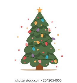 christmas tree with lights and star- vector illustration