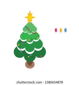 Christmas tree with lights, vector illustration, isolated on white background