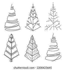 Christmas tree line art drawing vector set.Abstract stylized christmas tree collection.Modern design elements for New Year and Christmas holiday decoration in simple liner style,hand drawn.Minimal art