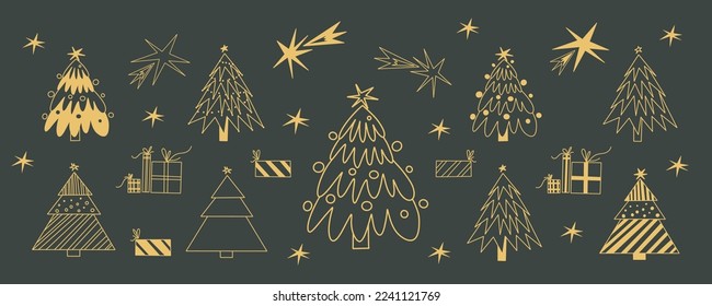 Christmas tree line art drawing vector set. Abstract stylized christmas tree collection. New Year holiday decoration in simple line style hand drawn.