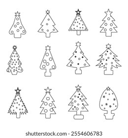 A "Christmas Tree Line Art Icon Vector" showcases a minimalist tree design created with clean, continuous lines. This versatile, scalable vector is perfect for holiday cards, digital designs, apps, 