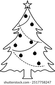 Christmas Tree Line Art Illustration. Vector Graphic in Hand Drawn Style