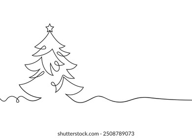 Christmas tree line art. Christmas and New Year. Drawing with one black line drawing in continuous line style. vector illustration isolated on white background.