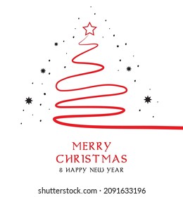 Christmas Tree Line Art on White Background.