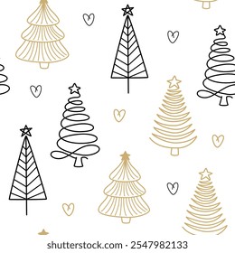 Christmas tree line art pattern. Abstract linear New Year Seamless Pattern. Abstract doodle drawing woods. Hand draw vector illustration isolated