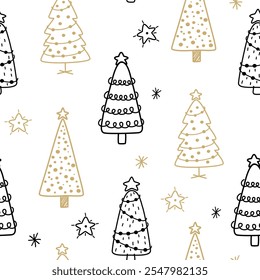 Patrón de arte de línea de árbol de Navidad. Abstractas lineal Nuevo año patrón sin fisuras. Abstractas doodle dibujando maderas. Dibujo de la mano Ilustración vectorial aislada