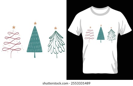 Christmas Tree Line Art with stars and snows T-shirt Design, Download Print-Ready File