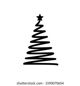 Christmas tree. Line draw scribbled stylized element. Decoration elements collection, holiday monochrome sign isolated on white. Vector illustration